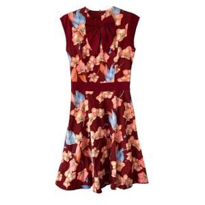 Voodoo Vixen Bow Front Floral Burgundy Dress size small Pin Up
